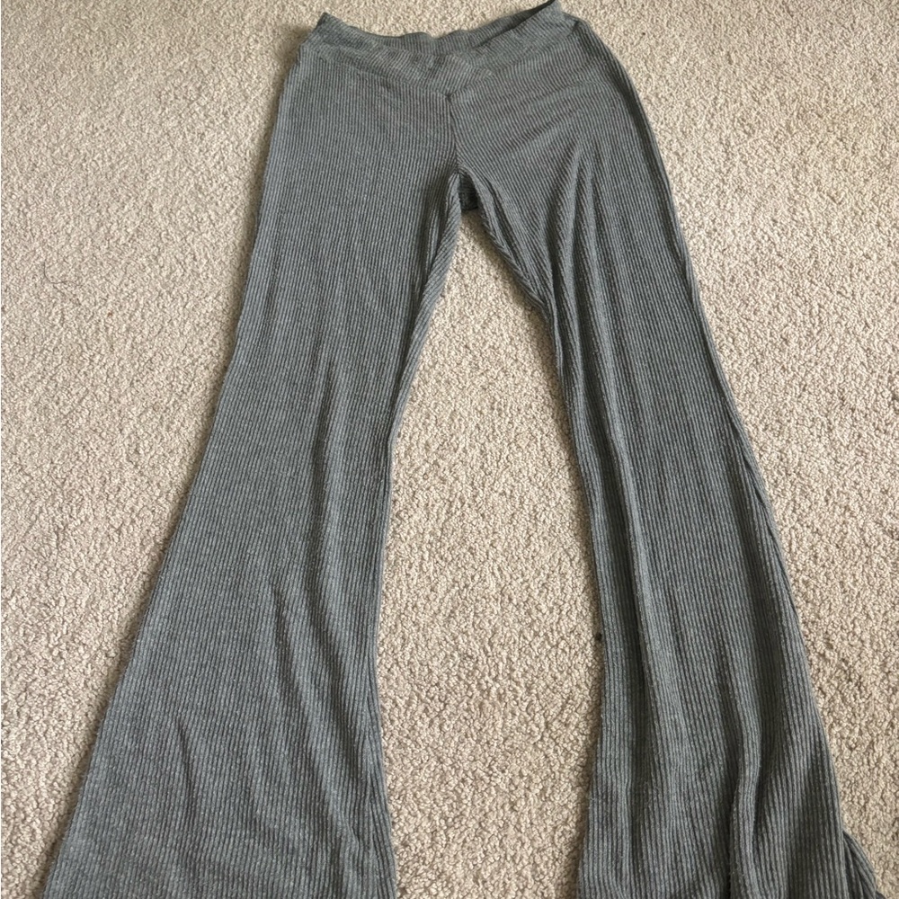 Gray Ribbed Flare Pants